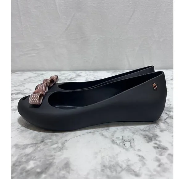 Melissa Ultragirl Metal Bow Rose Gold Ballet Black Flat Shoes 10 Round Peep Toe