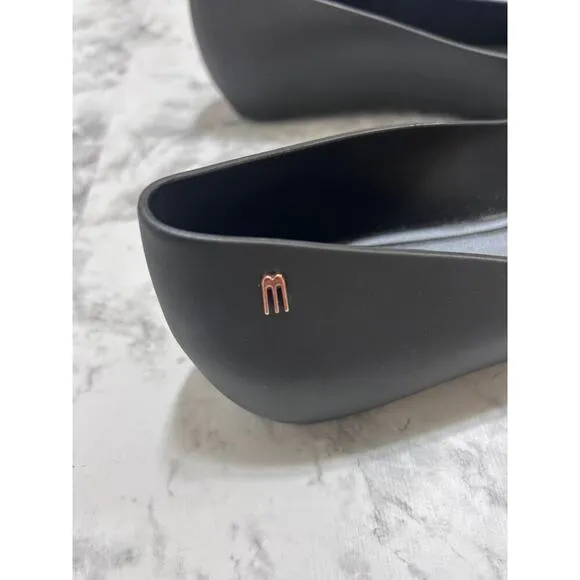 Melissa Ultragirl Metal Bow Rose Gold Ballet Black Flat Shoes 10 Round Peep Toe