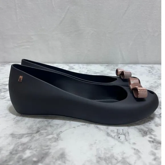 Melissa Ultragirl Metal Bow Rose Gold Ballet Black Flat Shoes 10 Round Peep Toe