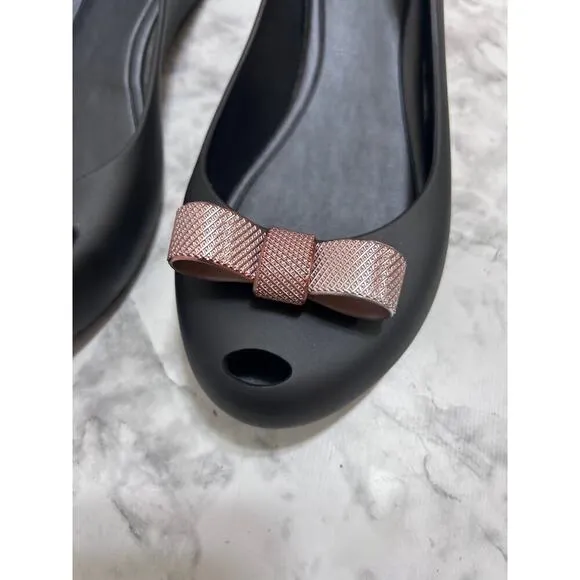 Melissa Ultragirl Metal Bow Rose Gold Ballet Black Flat Shoes 10 Round Peep Toe