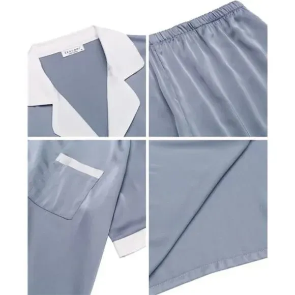 Men Silk Satin Pajamas Set Short Sleeve Light Gray