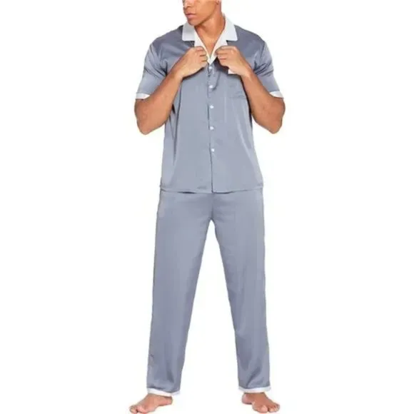 Men Silk Satin Pajamas Set Short Sleeve Light Gray