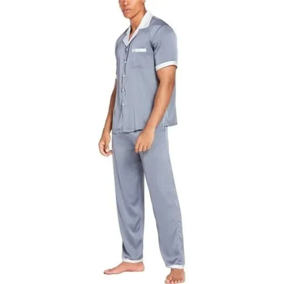 Men Silk Satin Pajamas Set Short Sleeve Light Gray
