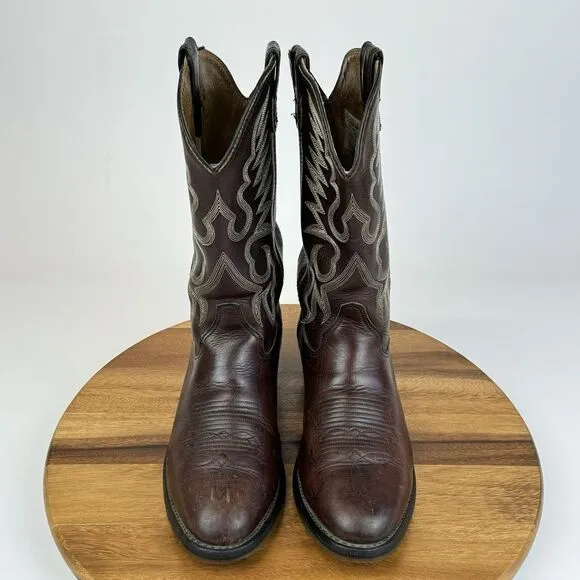 Mens Double‎ H 1517 Work West Brown Leather Pull On Western Cowboy Boots Size 10