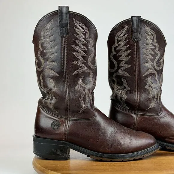 Mens Double‎ H 1517 Work West Brown Leather Pull On Western Cowboy Boots Size 10
