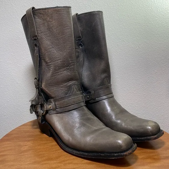 Men’s Frye 1873 Gray Leather Harness Motorcycle Square Toe Boots Mens 8.5D