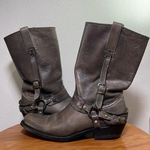 Men’s Frye 1873 Gray Leather Harness Motorcycle Square Toe Boots Mens 8.5D