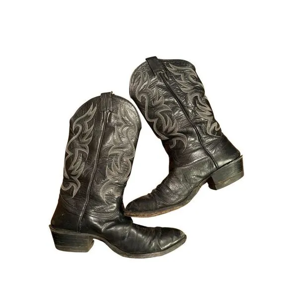 Men's Nocona Black Leather Round Toe Western Cowboy Boots Size 8