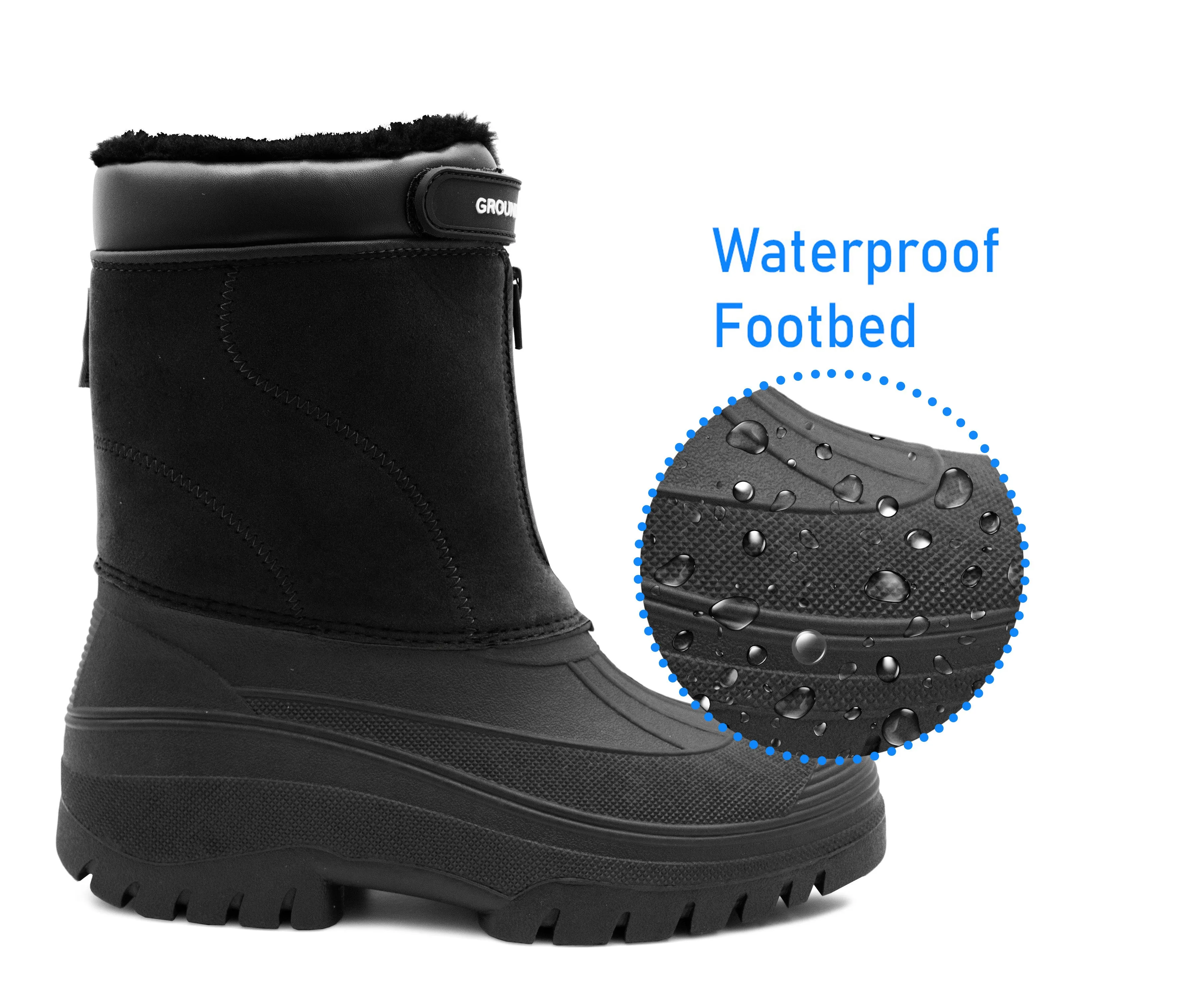 Mens Snow Boots Black Mid Calf Water Resistant Snow Rain Thermal Fur Fleece Lined Winter Mud Mucker Farm Yard Boots