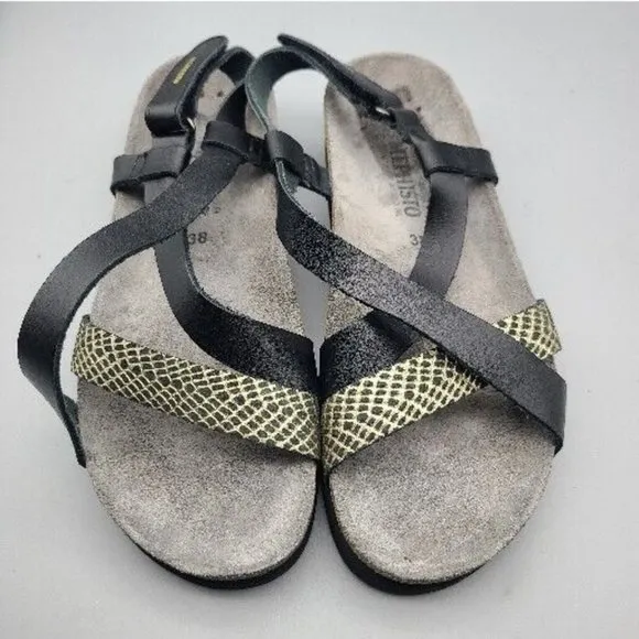 Mephisto Women sandals Shoes black Gold Leather adjustable straps sz 8 38