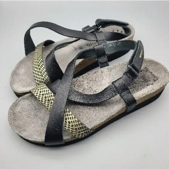 Mephisto Women sandals Shoes black Gold Leather adjustable straps sz 8 38