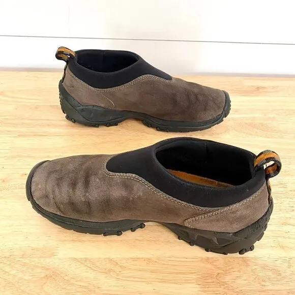 Merrell Suede Slip On Winter Mocs in Gunsmoke Brown Trail Shoes, Size 8.5
