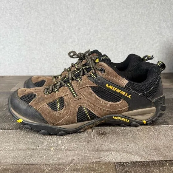 Merrell Men Size 13 Boulder Hiking Outdoor Shoes Brown Black Suede Empire Yellow