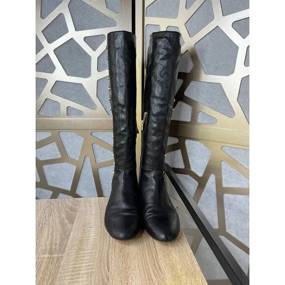Michael Kors Ailee Black Gold Stud Leather Tall Knee High Flat Boots 7.5 M
