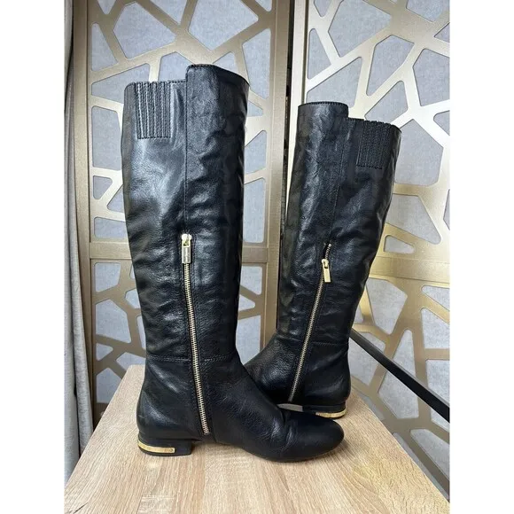 Michael Kors Ailee Black Gold Stud Leather Tall Knee High Flat Boots 7.5 M