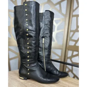 Michael Kors Ailee Black Gold Stud Leather Tall Knee High Flat Boots 7.5 M