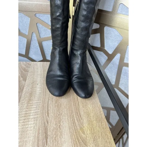 Michael Kors Ailee Black Gold Stud Leather Tall Knee High Flat Boots 7.5 M