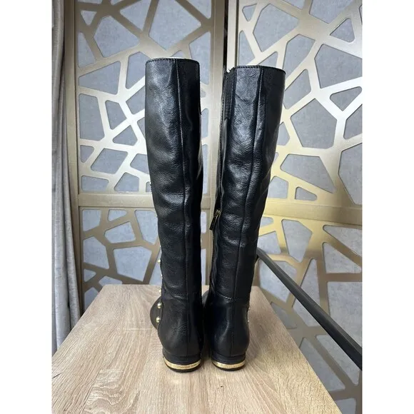 Michael Kors Ailee Black Gold Stud Leather Tall Knee High Flat Boots 7.5 M