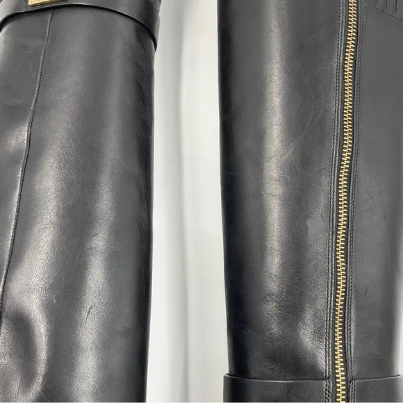 Michael Kors EUC Caroline Knee High Leather Boots Harness Black Gold Hardware 8M