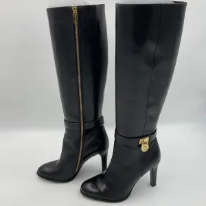 Michael Kors EUC Caroline Knee High Leather Boots Harness Black Gold Hardware 8M