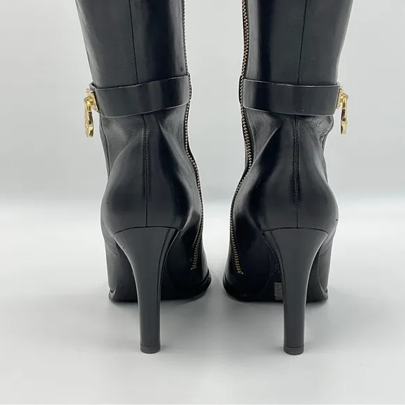 Michael Kors EUC Caroline Knee High Leather Boots Harness Black Gold Hardware 8M