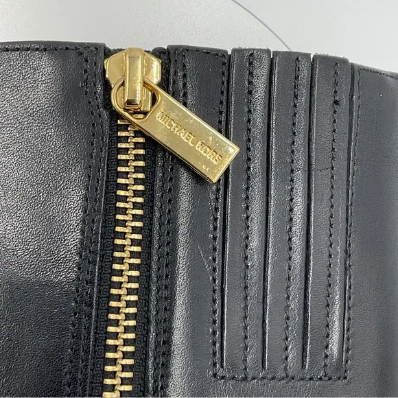 Michael Kors EUC Caroline Knee High Leather Boots Harness Black Gold Hardware 8M