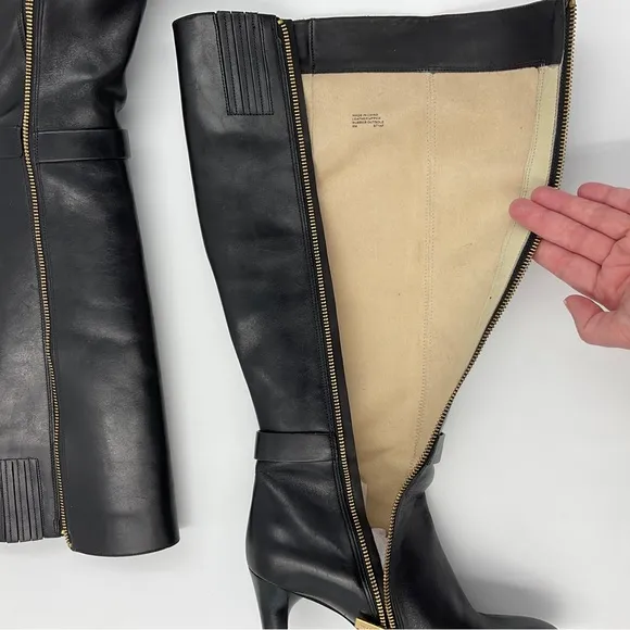 Michael Kors EUC Caroline Knee High Leather Boots Harness Black Gold Hardware 8M