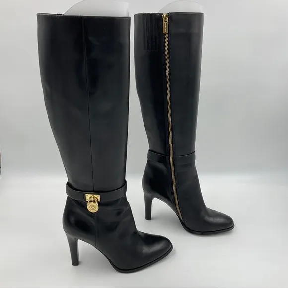 Michael Kors EUC Caroline Knee High Leather Boots Harness Black Gold Hardware 8M