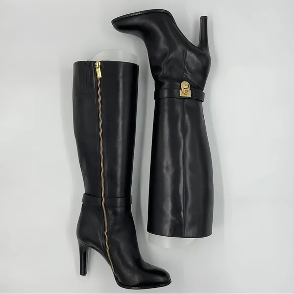 Michael Kors EUC Caroline Knee High Leather Boots Harness Black Gold Hardware 8M