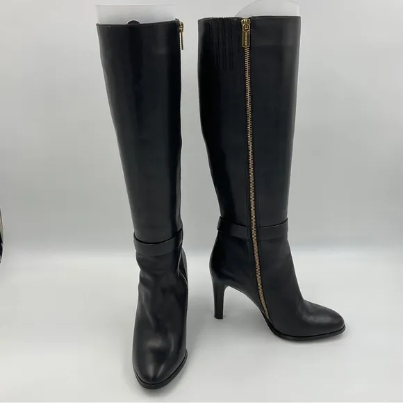 Michael Kors EUC Caroline Knee High Leather Boots Harness Black Gold Hardware 8M
