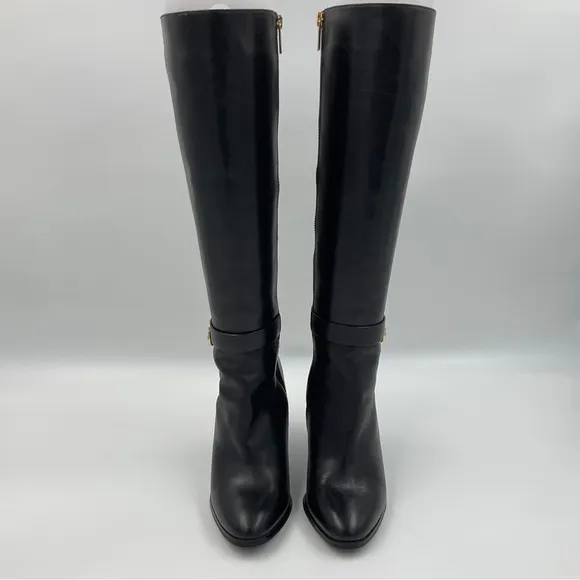 Michael Kors EUC Caroline Knee High Leather Boots Harness Black Gold Hardware 8M