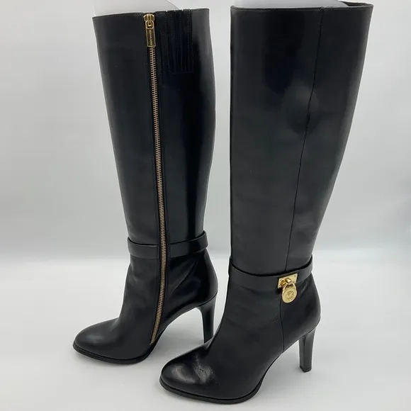 Michael Kors EUC Caroline Knee High Leather Boots Harness Black Gold Hardware 8M
