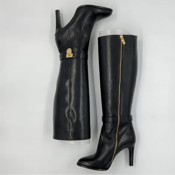 Michael Kors EUC Caroline Knee High Leather Boots Harness Black Gold Hardware 8M