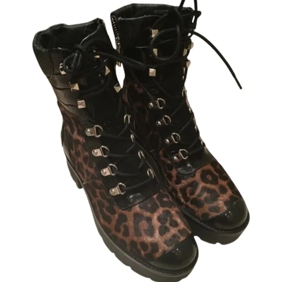 Michael Kors Khloe sz 6.5/ Brown and Black leopard Combat Boots with Rugged Sole