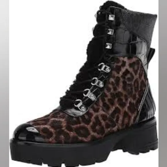 Michael Kors Khloe sz 6.5/ Brown and Black leopard Combat Boots with Rugged Sole