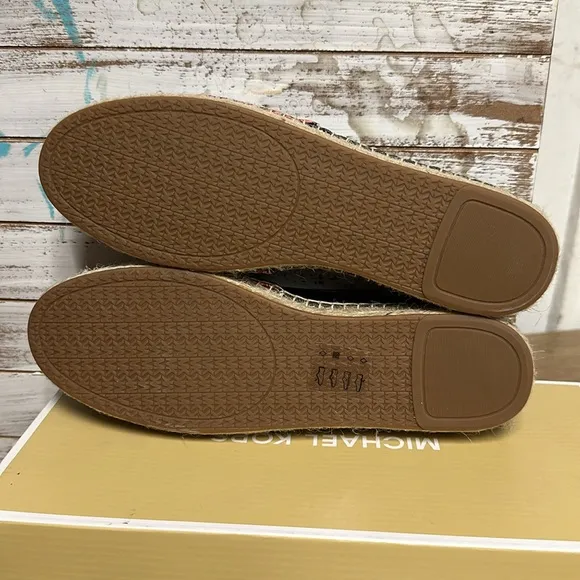 Michael Kors nib MK logo brown pink tan premium textile slip on flats espedrille