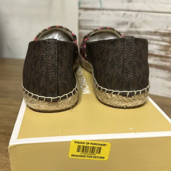 Michael Kors nib MK logo brown pink tan premium textile slip on flats espedrille