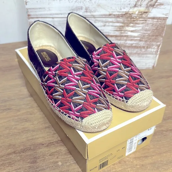 Michael Kors nib MK logo brown pink tan premium textile slip on flats espedrille