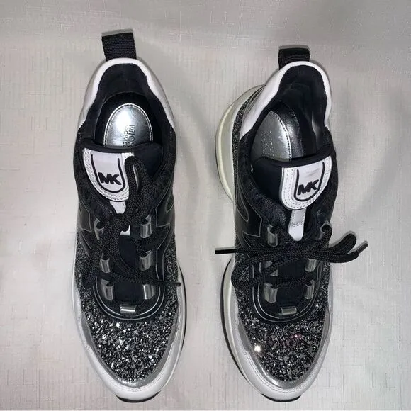 MICHAEL KORS Olympia Glitter Trainer Sneaker Women’s Black Silver 8.5M Lace Up