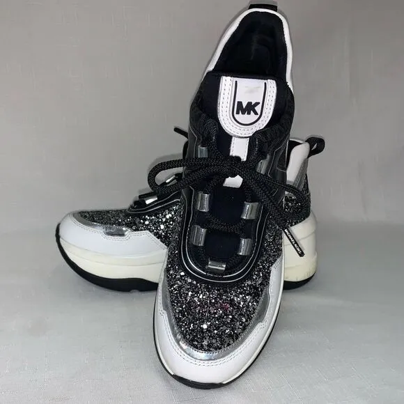 MICHAEL KORS Olympia Glitter Trainer Sneaker Women’s Black Silver 8.5M Lace Up