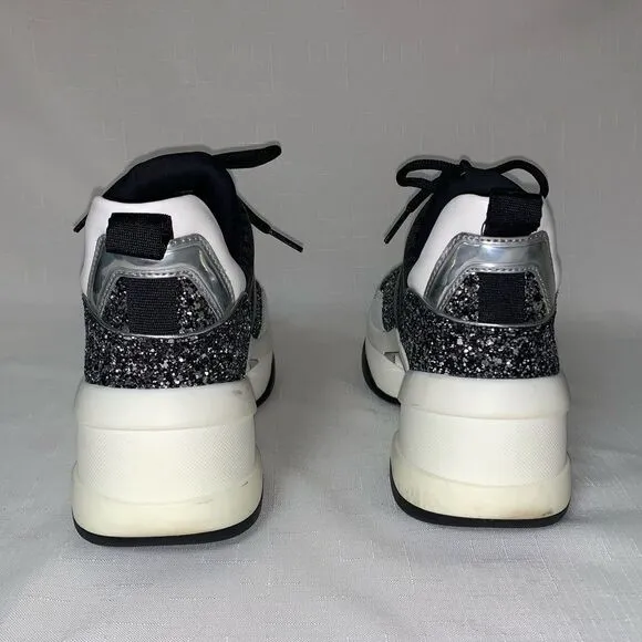 MICHAEL KORS Olympia Glitter Trainer Sneaker Women’s Black Silver 8.5M Lace Up