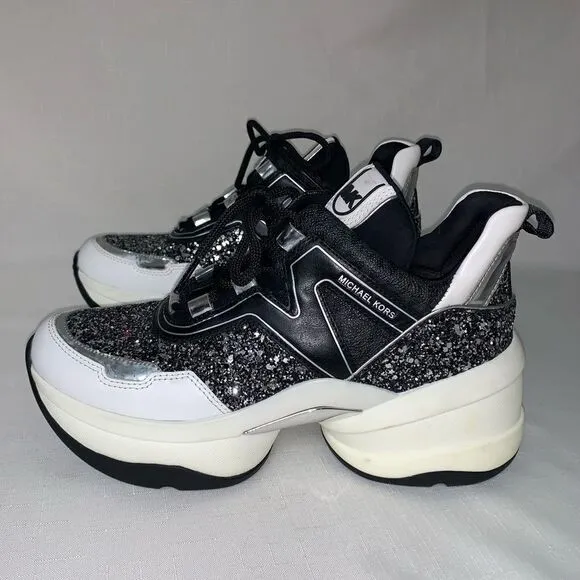 MICHAEL KORS Olympia Glitter Trainer Sneaker Women’s Black Silver 8.5M Lace Up