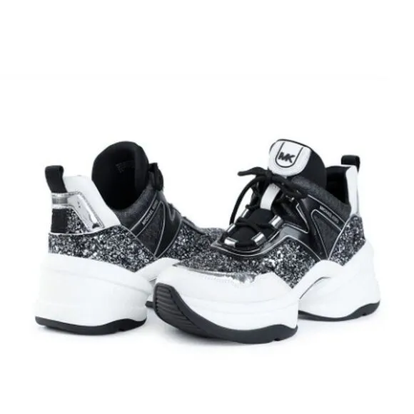 MICHAEL KORS Olympia Glitter Trainer Sneaker Women’s Black Silver 8.5M Lace Up
