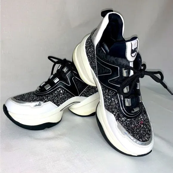 MICHAEL KORS Olympia Glitter Trainer Sneaker Women’s Black Silver 8.5M Lace Up