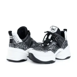 MICHAEL KORS Olympia Glitter Trainer Sneaker Women’s Black Silver 8.5M Lace Up