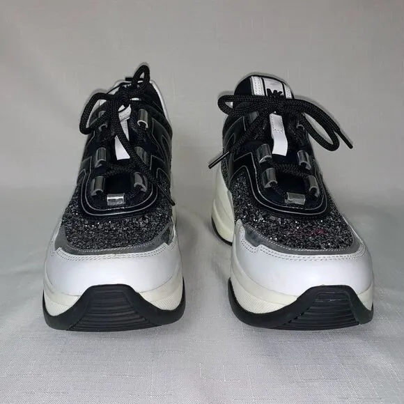 MICHAEL KORS Olympia Glitter Trainer Sneaker Women’s Black Silver 8.5M Lace Up