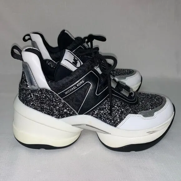 MICHAEL KORS Olympia Glitter Trainer Sneaker Women’s Black Silver 8.5M Lace Up