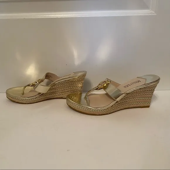 MICHAEL KORS SHOES NEW WEDGE GOLD FAUX LEATHER TAN ROPE SIDES SIZE 7.5