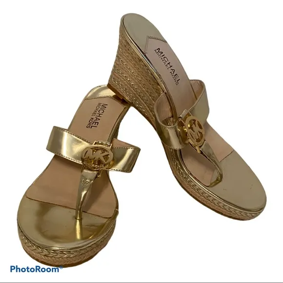 MICHAEL KORS SHOES NEW WEDGE GOLD FAUX LEATHER TAN ROPE SIDES SIZE 7.5