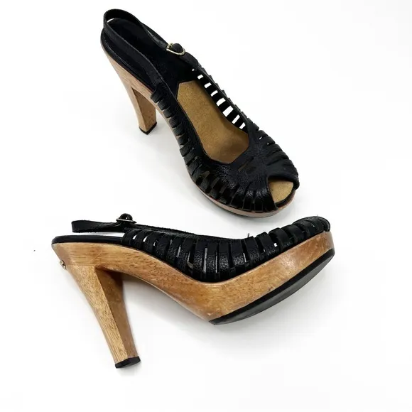 Michael Kors Sling Back Open Toe Leather Wooden Heel Sandals, Size 6.5